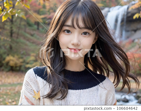 AI image Fall foliage waterfall and smiling young woman AI image Fall foliage waterfall and smiling young woman 106684642