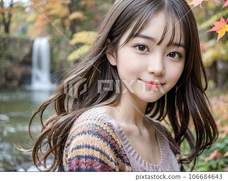 AI image Fall foliage waterfall and smiling young woman AI image Fall foliage waterfall and smiling young woman 106684643