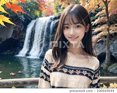 AI image Fall foliage waterfall and smiling young woman 106684644