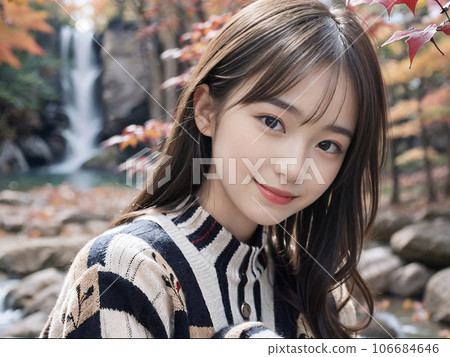 AI image Fall foliage waterfall and smiling young woman AI image Fall foliage waterfall and smiling young woman 106684646