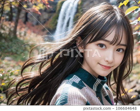 AI 圖像秋葉瀑布和微笑的年輕女子 106684648