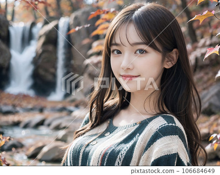 AI image Fall foliage waterfall and smiling young woman 106684649