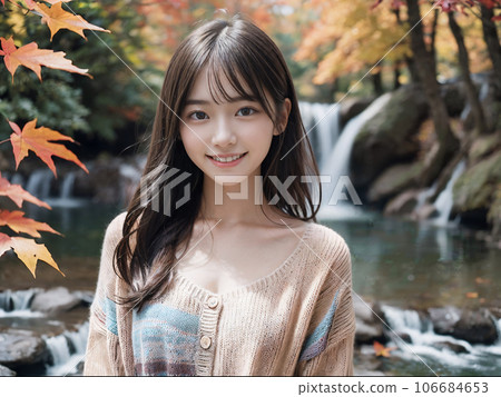 AI 圖像秋葉瀑布和微笑的年輕女子 106684653