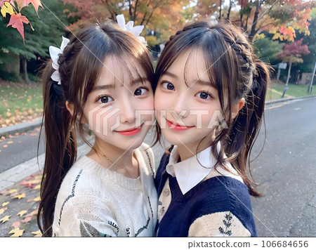 AI image: Autumn leaves and two smiling young women 106684656