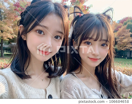 AI image: Autumn leaves and two smiling young women 106684658