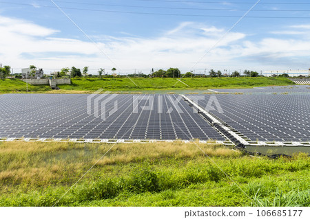 View of the floating Solar power system on the flood detention basin in Kaohsiung, Taiwan. 106685177