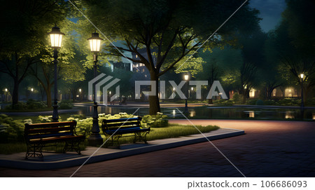 照明的夜間公園和長凳 AI 圖像 106686093
