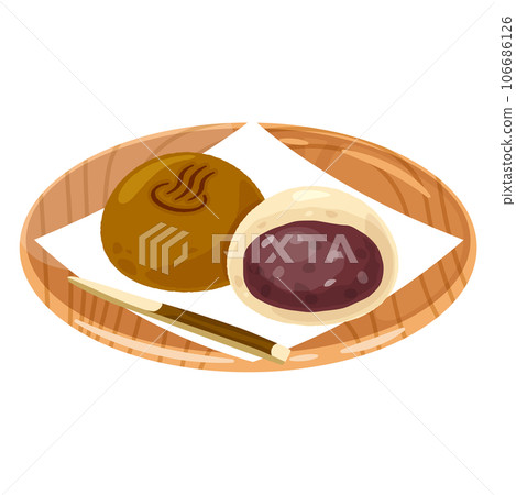 Hot spring manju, sweet bean paste, wooden plate, cross section 106686126