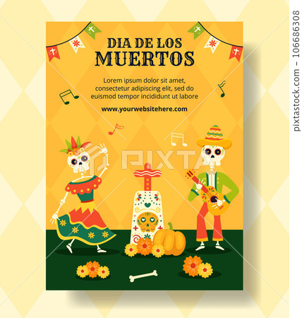 Dia de Los Muertos Vertical Poster Illustration Flat Cartoon Hand Drawn Templates Background 106686308