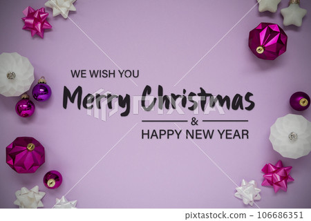 Purple Christmas Background, Text Merry Christmas And Happy New Year, Flat Lay Purple Christmas Background, Text Merry Christmas And Happy New Year, Flat Lay 106686351