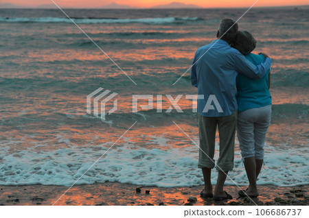 silhouette rear view of asian elderly couple standing on the beach and chatting happily in sunset  106686737