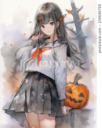 Jack-o-lantern and high school girl watercolor painting "AI generated image" 106686768