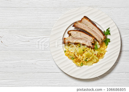 Haluski, fried cabbage, noodles with roast ribs 106686805