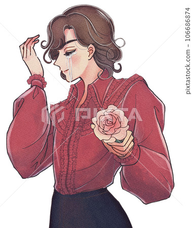 Cartoon illustration of a charming man crying and holding a rose 106686874