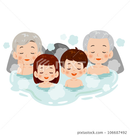 Elderly men, women and children soaking in a hot spring 106687492