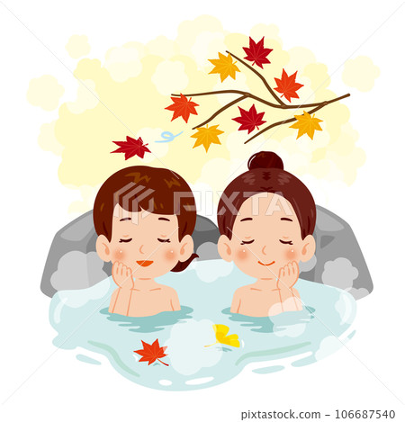 Two women soaking in a hot spring in autumn Two women soaking in a hot spring in autumn 106687540