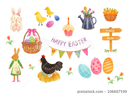 Set of Easter elements watercolor vector illustration 106687599