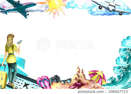 Travel to the sea by plane. Frame with the image of a girl with a suitcase and an airplane, sea, beach and holiday attributes. Watercolor illustration. For flyers, banners, postcards. For invitations. 106687723