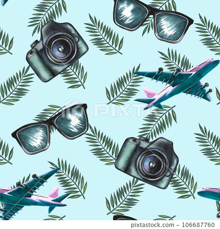 Seamless pattern with passenger planes, palm branches, photo accessories and glasses. Watercolor illustration, hand-drawn. On a blue background. To create backgrounds, labels, packaging and textiles. Seamless pattern with passenger planes, palm branches, photo accessories and glasses. Watercolor illustration, hand-drawn. On a blue background. To create backgrounds, labels, packaging and textiles. 106687760