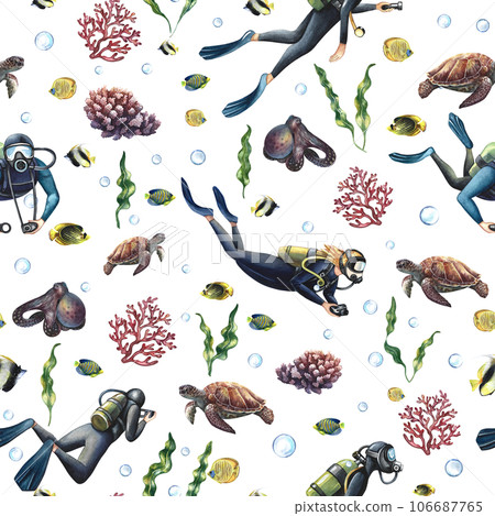 Seamless pattern with divers, and elements of the underwater world. Underwater journey. Hand-drawn in watercolor. The concept of labels, packaging, textiles. For background and decor. 106687765