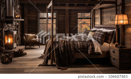 Design of cozy and rustic bedroom with a wooden four-poster bed, plaid bedding, and a stone fireplace. earthy color with shades of brown, beige, and green, AI Generated 106687865