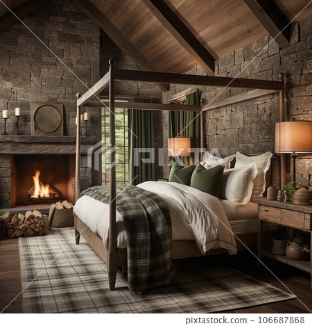 Design of cozy and rustic bedroom with a wooden four-poster bed, plaid bedding, and a stone fireplace. earthy color with shades of brown, beige, and green, AI Generated 106687868