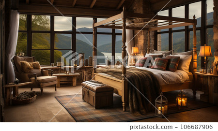 Design of cozy and rustic bedroom with a wooden four-poster bed, plaid bedding, and a stone fireplace. earthy color with shades of brown, beige, and green, AI Generated 106687906