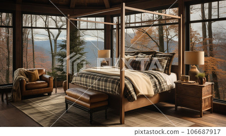 Design of cozy and rustic bedroom with a wooden four-poster bed, plaid bedding, and a stone fireplace. earthy color with shades of brown, beige, and green, AI Generated 106687917