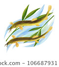 Illustration of bamboo leaves and two loaches swimming with water background 106687931