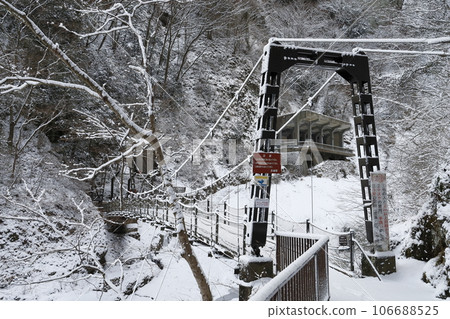 Suspension bridge of Fukuroda Falls in midwinter covered with snow 106688525