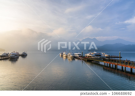 The scenery of the Yacht Marina at Sun Moon Lake in the morning is a famous attraction in Nantou, Taiwan. 106688692