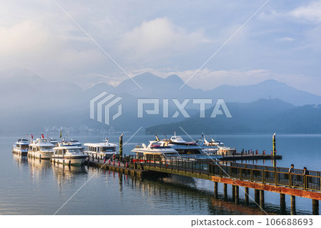 The scenery of the Yacht Marina at Sun Moon Lake in the morning is a famous attraction in Nantou, Taiwan. 106688693