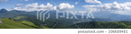 Panoramic view of the Yatsugatake mountain range and the Southern Alps seen from the summit of Mt. Kurumayama 106689481