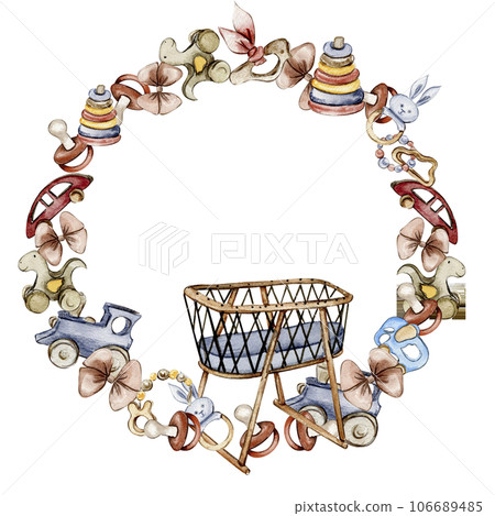 Toys wreath,watercolor illustration for cards, backgrounds. Watercolor illustration for scrapbooking. Cartoon hand drawn background with toys for kids design. Perfect for wedding invitation. 106689485