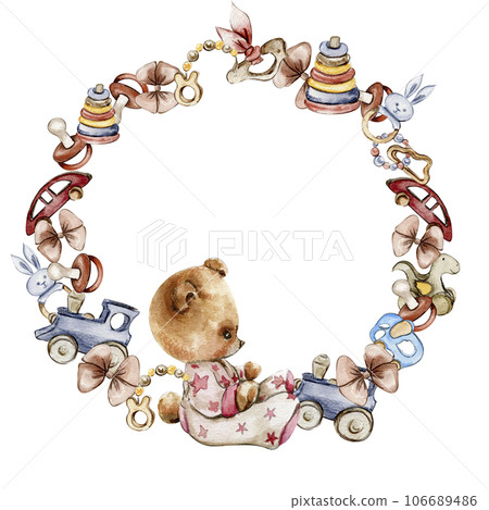 Toys wreath,watercolor illustration for cards, backgrounds. Watercolor illustration for scrapbooking. Cartoon hand drawn background with toys for kids design. Perfect for wedding invitation. 106689486