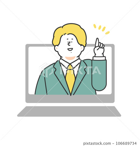 一位穿著西裝的商人指著。 106689734