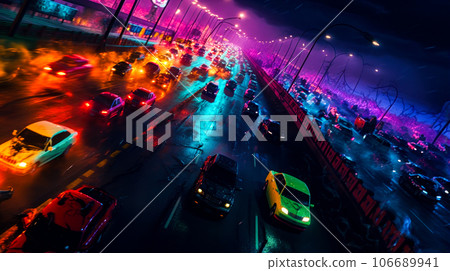 City street filled with lots of traffic under purple and blue sky. Generative AI 106689941