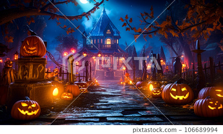 Halloween scene with pumpkins on the ground and house in the background. Generative AI Halloween scene with pumpkins on the ground and house in the background. Generative AI 106689994