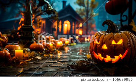 Group of jack o lantern pumpkins sitting on top of cobblestone road. Generative AI 106689995