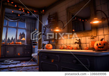 Kitchen decorated for halloween with pumpkins on the counter and window in the background. Generative AI Kitchen decorated for halloween with pumpkins on the counter and window in the background. Generative AI 106689996