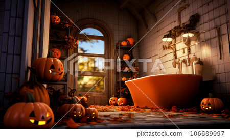 Bathroom decorated for halloween with pumpkins on the floor and bathtub. Generative AI Bathroom decorated for halloween with pumpkins on the floor and bathtub. Generative AI 106689997