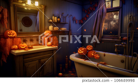 Bathroom decorated for halloween with pumpkins on the bathtub and sink. Generative AI Bathroom decorated for halloween with pumpkins on the bathtub and sink. Generative AI 106689998