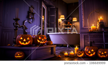 Group of carved pumpkins sitting on top of wooden floor next to bathtub. Generative AI Group of carved pumpkins sitting on top of wooden floor next to bathtub. Generative AI 106689999