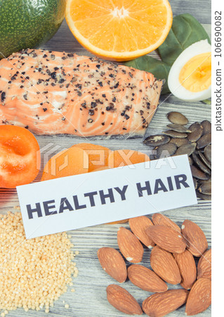 Nutritious food containing natural vitamins and minerals as best eating for healthy hair 106690082