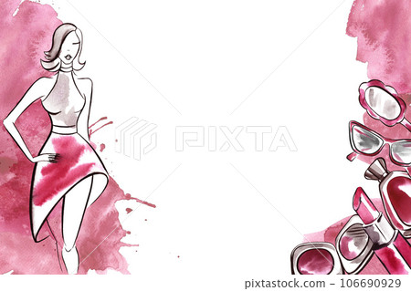 Beauty and fashion. Frame with magenta watercolor stains. Beautiful girl and cosmetics, hand-drawn in watercolor. 106690929