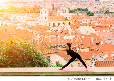 Mature asian woman doing yoga workout in park. Concept of lifestyle fitness and healthy. 106691621