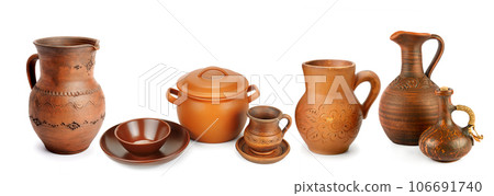 A set of pottery isolated on a white background. Wide photo. Free space for text. Collage. A set of pottery isolated on a white background. Wide photo. Free space for text. Collage. 106691740
