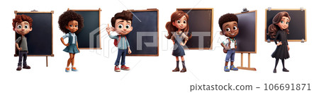 Set of Cartoon Children Standing in Front of Blackboard 106691871