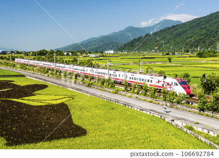 Tze-Chiang Limited Express(Puyuma) trains are passing through the beautiful landscape of rice paddy fields in Hualien, Taiwan. 106692784