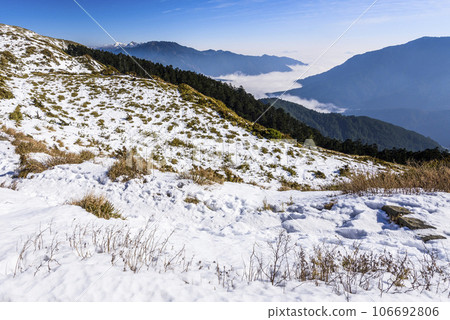 The snow covered most of the mountains and forests in Hehuanshan National Forest Recreation Area, Nantou, Taiwan. Located in Taroko National Park. 106692806